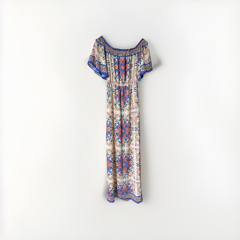 Flying Tomato Floral Beige Orange Turquoise Bohemian Long Maxi Summer Dress S